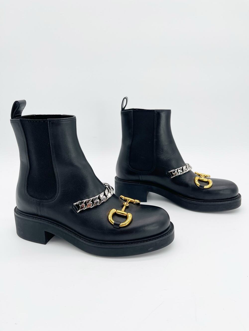 Gucci Flores Black Calfskin Horsebit Chain Low Heel Chelsea Ankle Boots IT 37